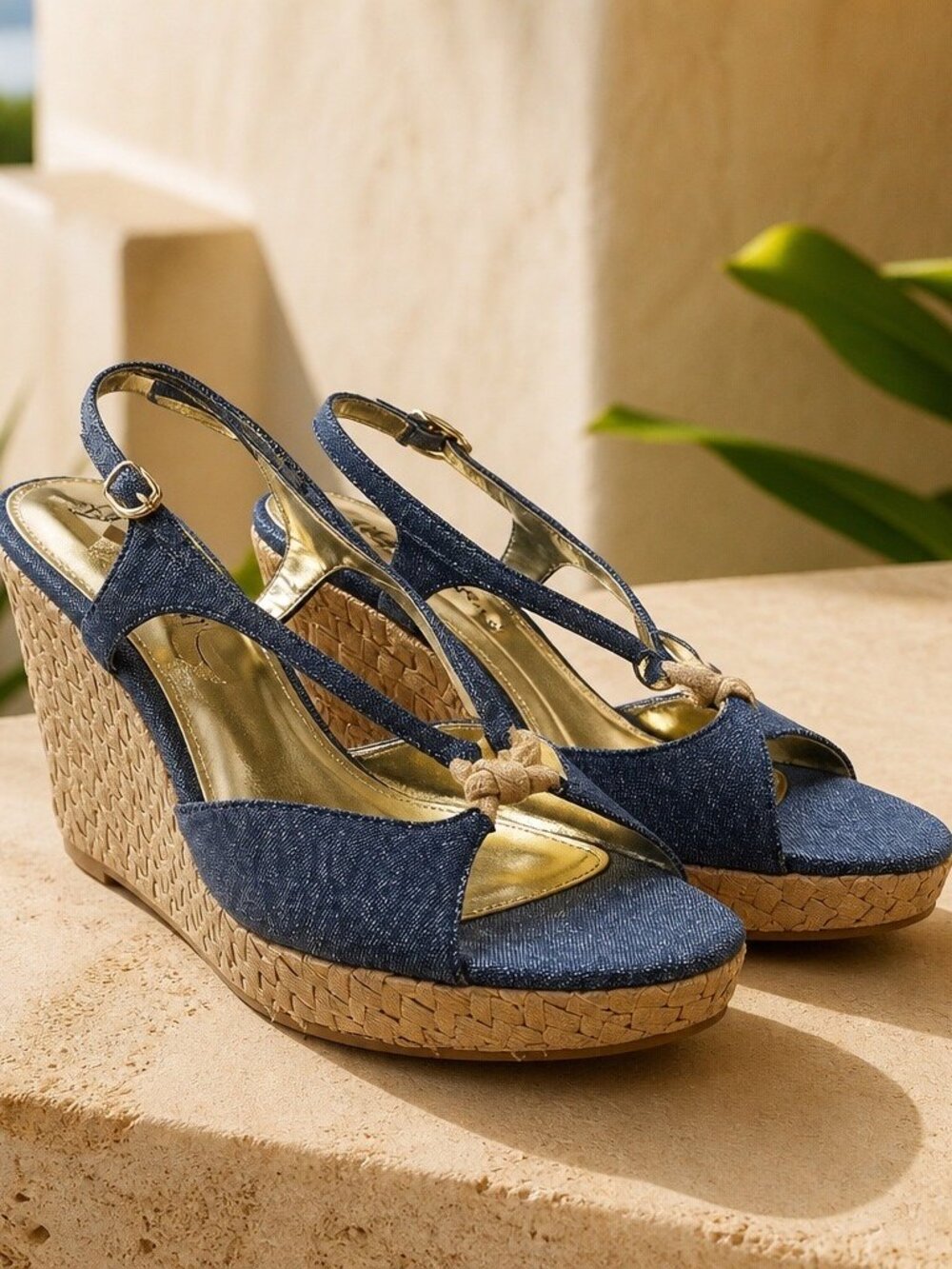 Nina Denim Strap Wedge Sandals Size 8